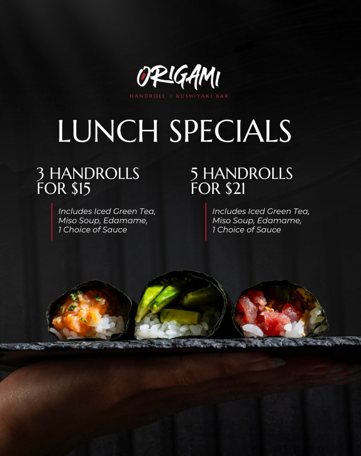 a black and gold origami lunch special menu