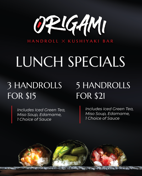 a black and gold origami lunch special menu