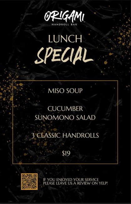 a black and gold origami lunch special menu