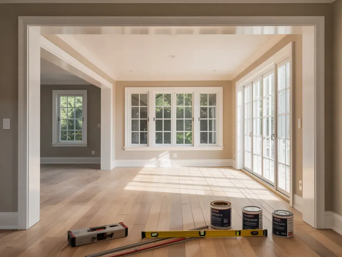 Empty room with hardwood floors, windows, and paint cans; construction supplies are in the foreground.