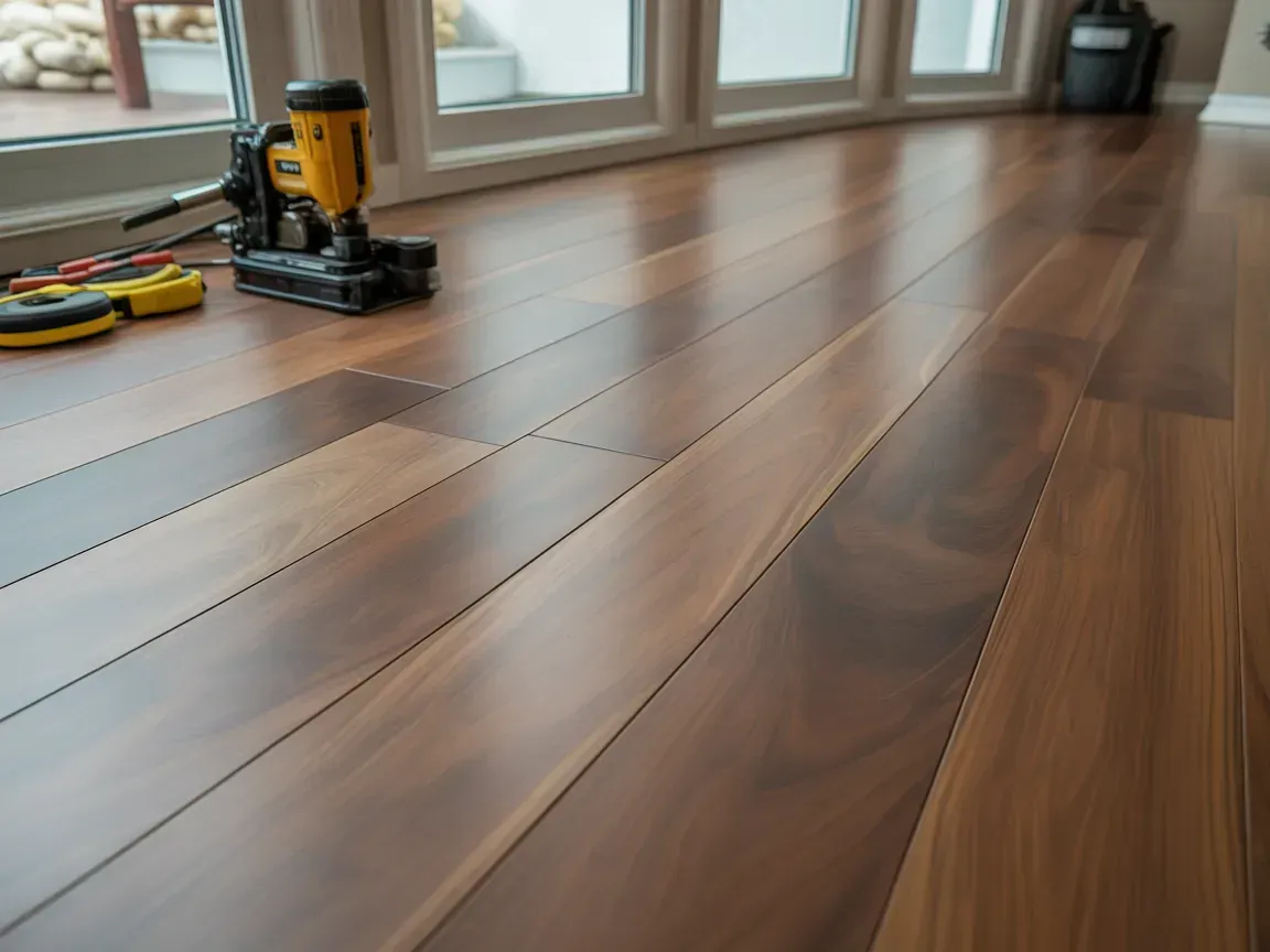 Newly installed, glossy, dark wood floor with construction tools in the background by a window.