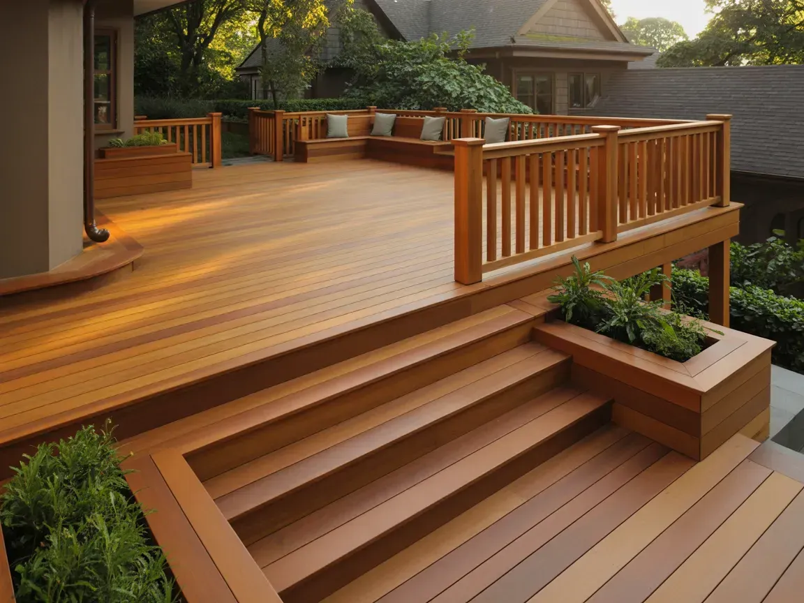 Wooden deck with built-in seating, planters, and stairs. Warm, natural wood tones and lush greenery.