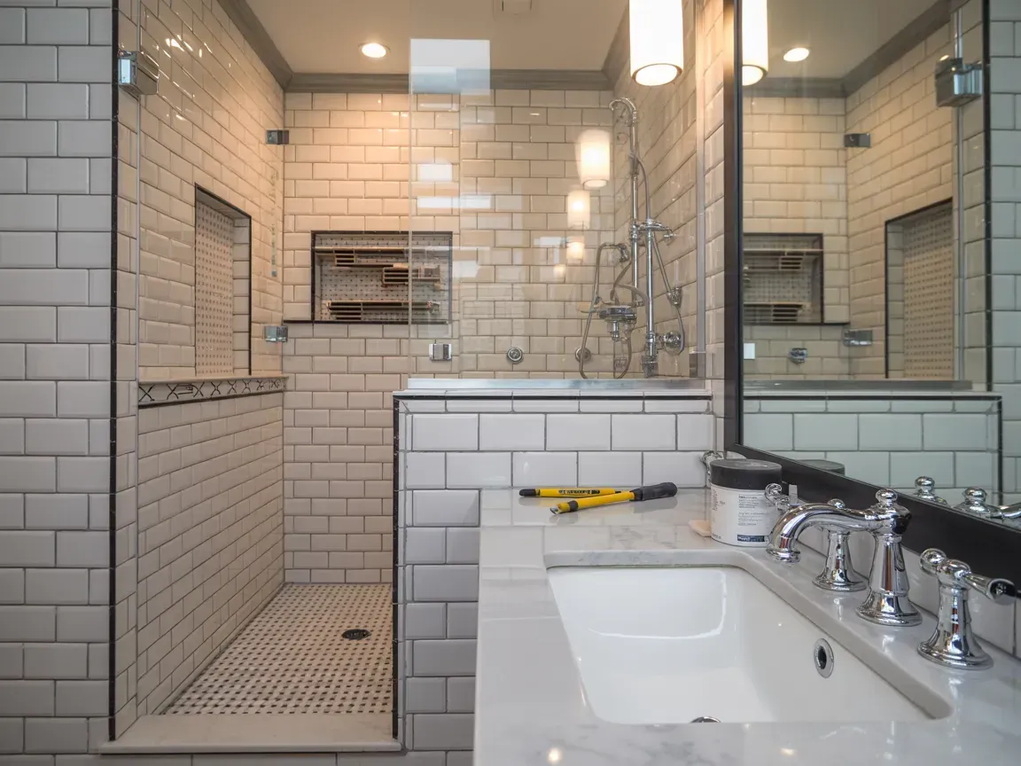 Bathroom with white subway tiles, glass shower, marble countertop, and chrome fixtures.