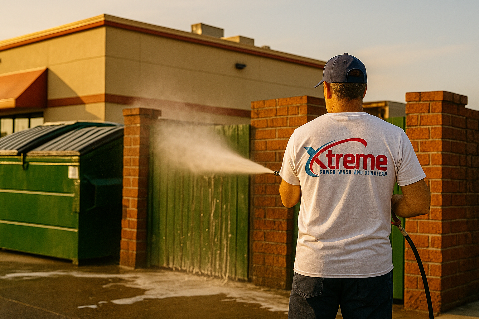 A man wearing a white shirt with the word xtreme on it power washing a dumpster corral.