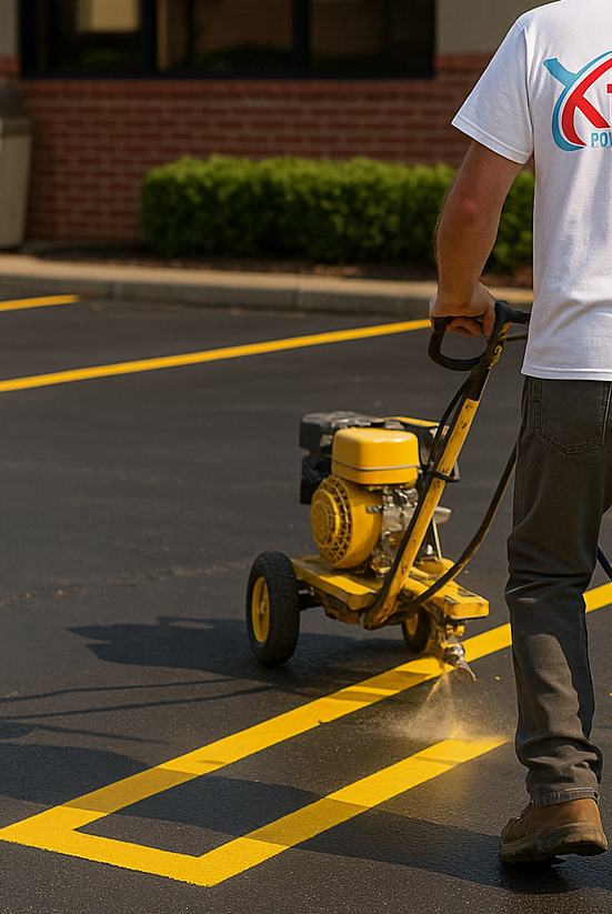 A man is using a machine to paint yellow lines on the asphalt parking lot.