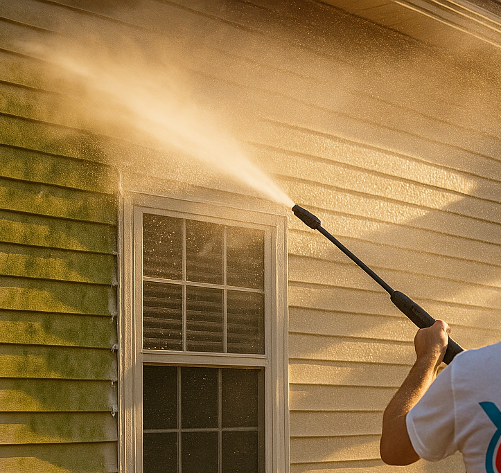 A man is using a high pressure washer to clean the siding on a house