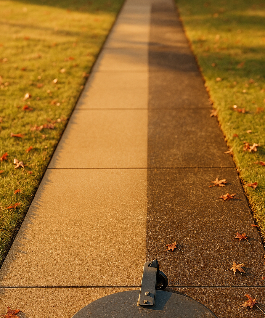 A sidewalk is clean in one side and dirty on the other - down the middle vertically.
