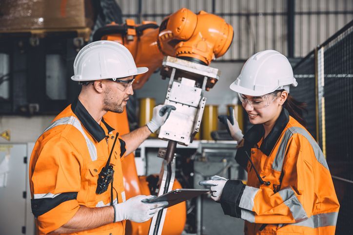 Engineer team service robot welding working in automation factory
