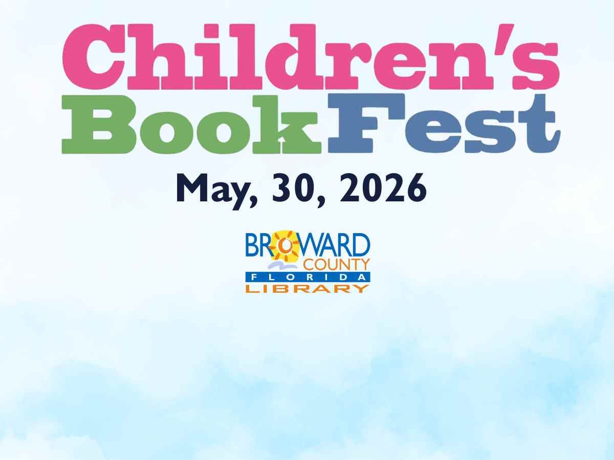 A promotional graphic for the Children's BookFest set against a soft, light blue watercolor background. The event title 