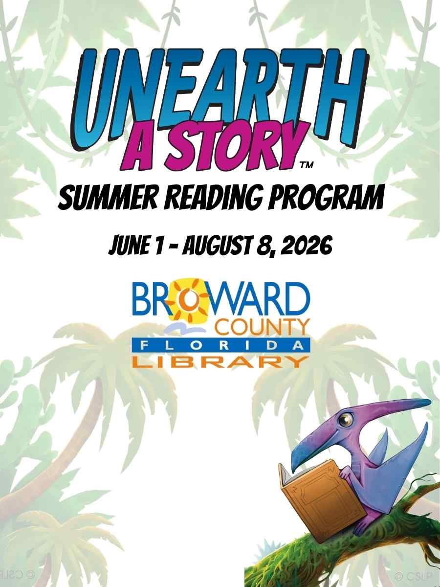 A promotional poster for a summer reading program. Against a light, jungle-themed background with palm fronds, large blue stylized text at the top reads 