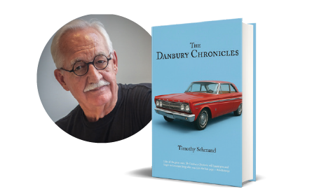 A circular portrait of author Timothy Schmand next to the cover of his book, 'The Danbury Chronicles,' which features an illustration of a classic red car on a light blue background.