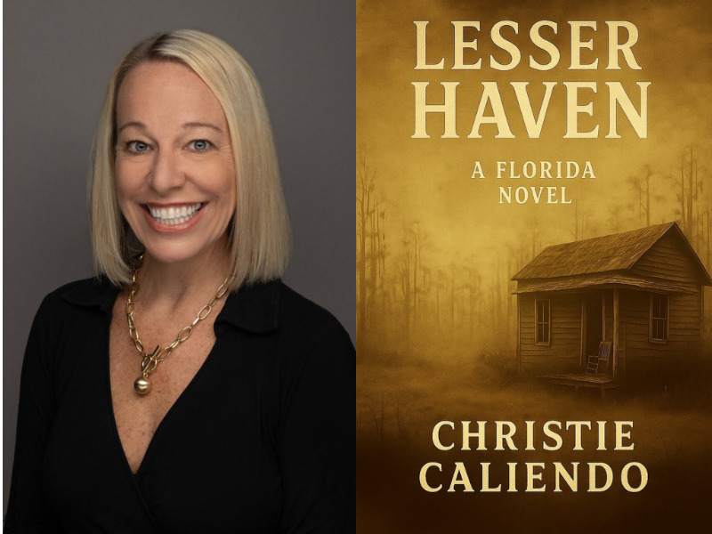 A side-by-side composite image featuring a headshot of Christie Caliendo and her book cover. On the left is Christie Caliendo, a blonde woman in a black v-neck shirt and gold chain necklace smiles warmly against a grey background. On the right, the book cover for 