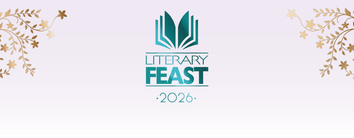 Literary Feast 2026 logo featuring a teal open book design, framed by elegant gold floral vines in the upper corners against a light background.