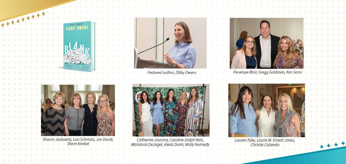 A collage of six photos from a literary event. The top row features the cover of the book 'Blank' by Zibby Owens, featured author Zibby Owens speaking at a podium, and attendees Penelope Blair, Gregg Goldstein, and Kim Sarni. The bottom row features group photos of attendees Sharon Jackowitz, Lois Schmatz, Jan Dondi, and Sherri Kimbel; Catherine Jousma, Caroline Dolph Rein, Marianna DeJager, Alexis Dunn, and Molly Kennedy; and Lauren Fyke, Laurie M. Ernest Jones, and Christie Caliendo.