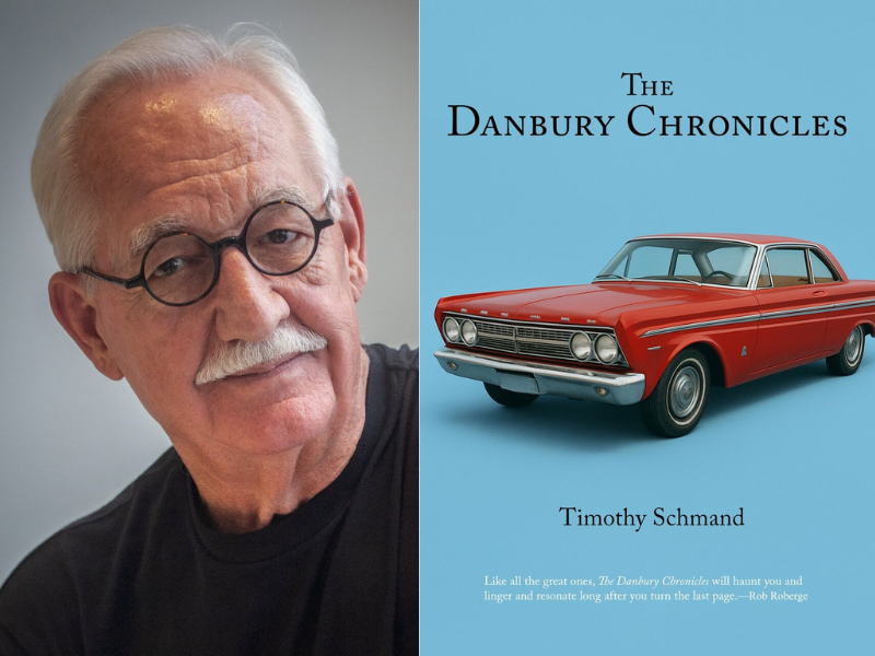 A side-by-side composite image featuring a headshot of Timothy Schmand and his book cover. On the left is Timothy Schmand, a man with white hair, a mustache, and round black-rimmed glasses looks into the camera. On the right, the book cover for 