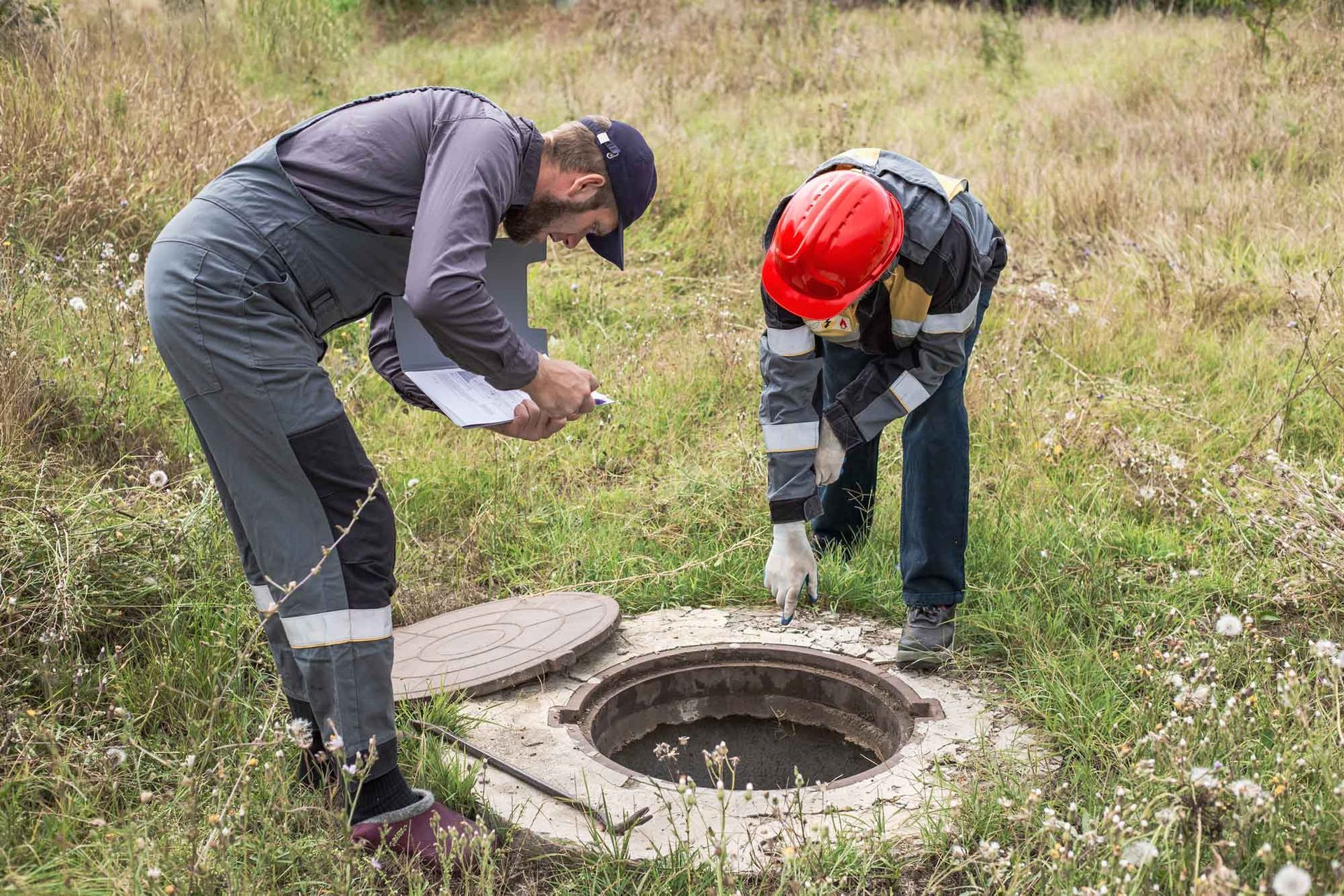 Technicians in overalls inspect an open septic tank access point during septic repairs