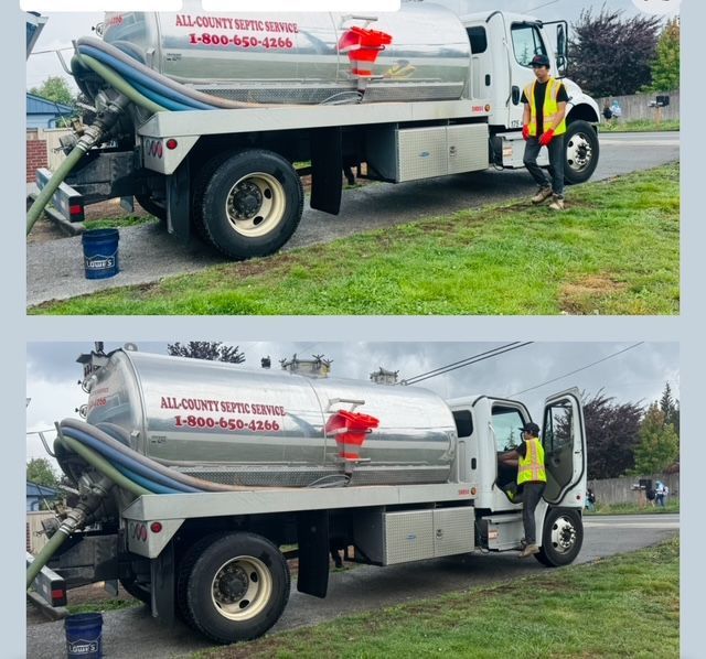 Two photos showing an All-County Septic service truck parked on a grass verge with an employee nearby.