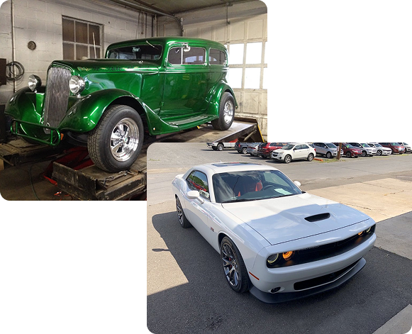 Two classic cars: a green vintage coupe in a garage and a white modern muscle car outdoors.