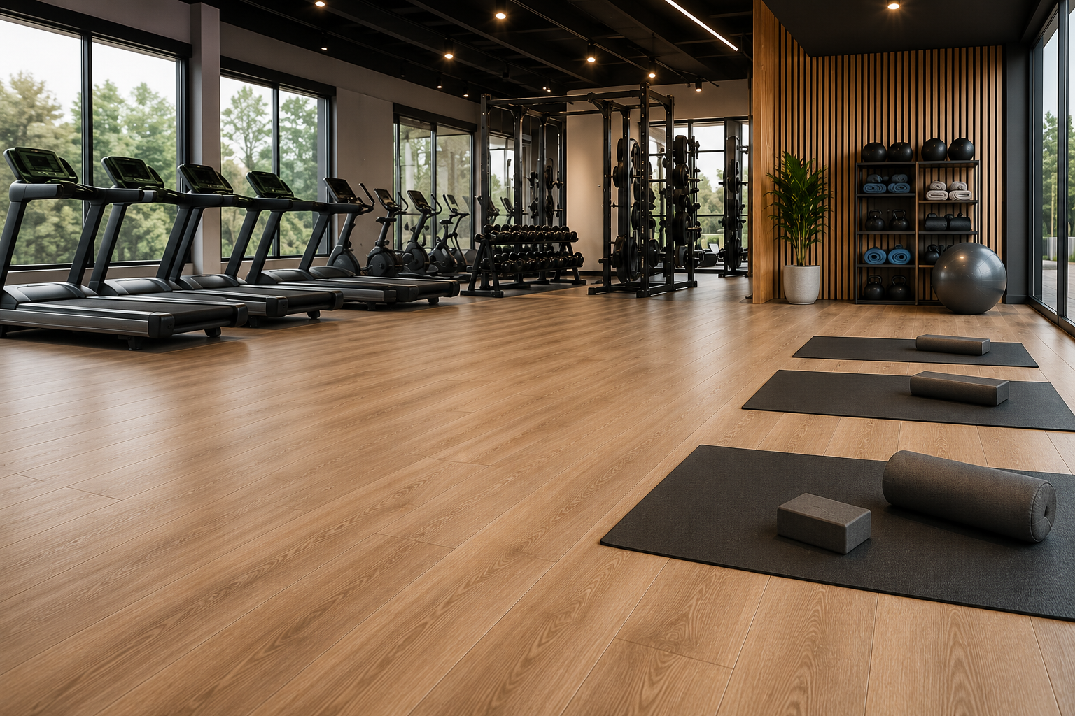 Commercial laminate flooring in a modern gym by Visto Mouldings Pretoria