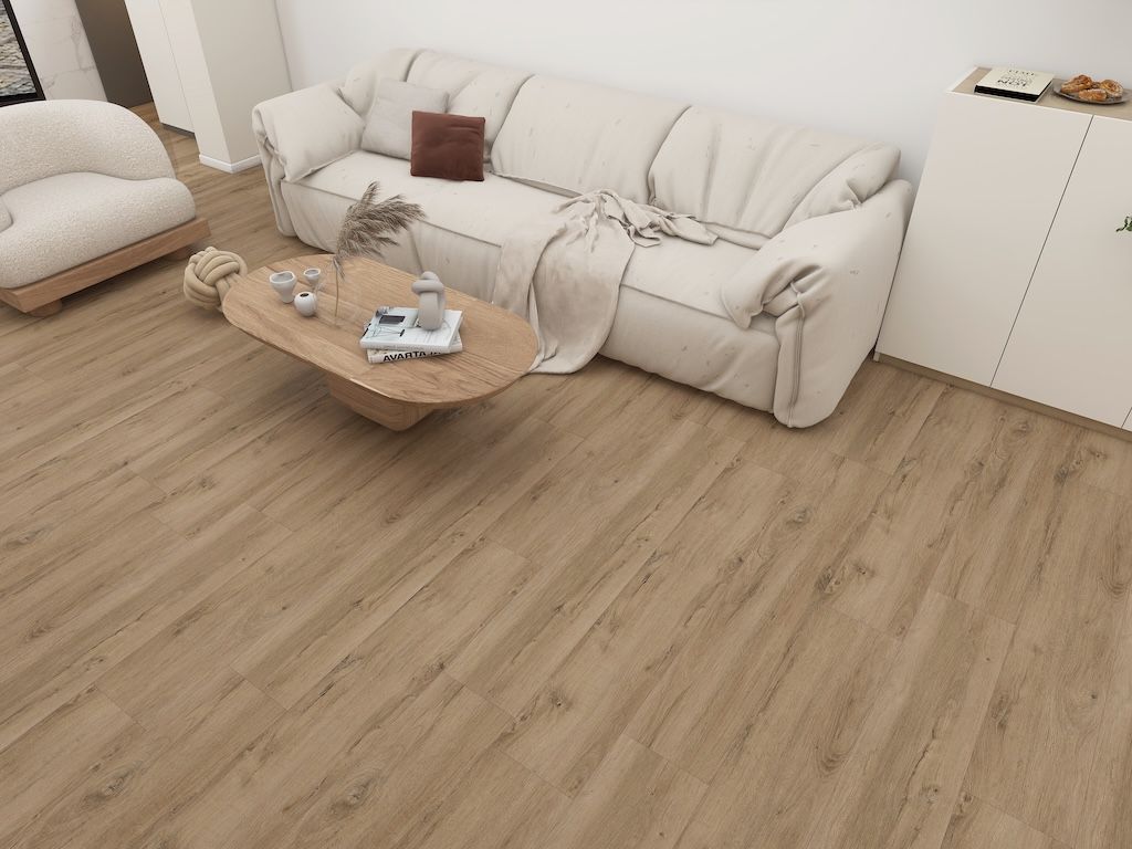 A living room with a wooden floor and a couch