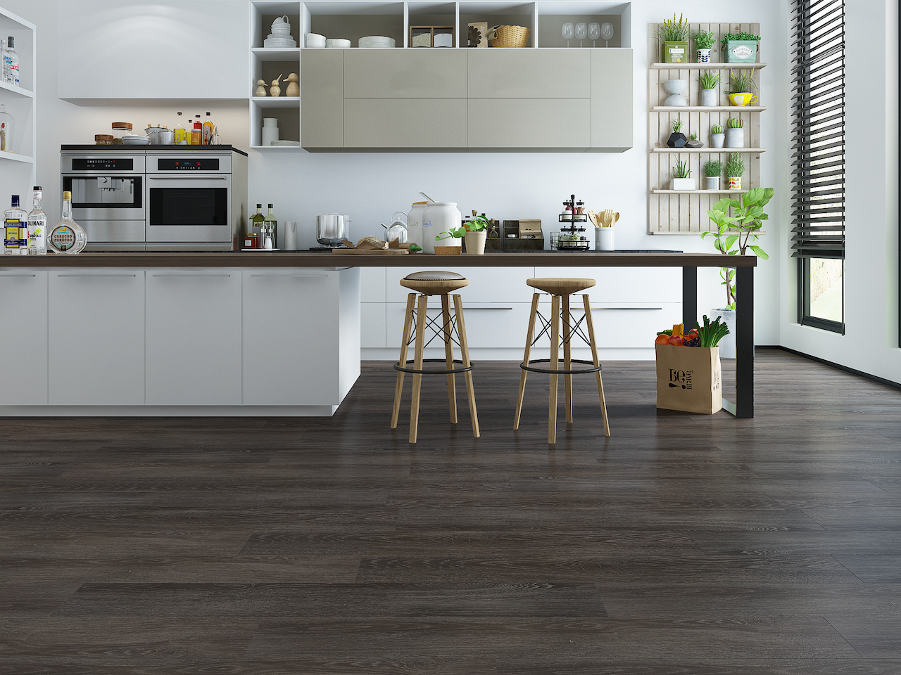 A kitchen with a wooden floor and white cabinets