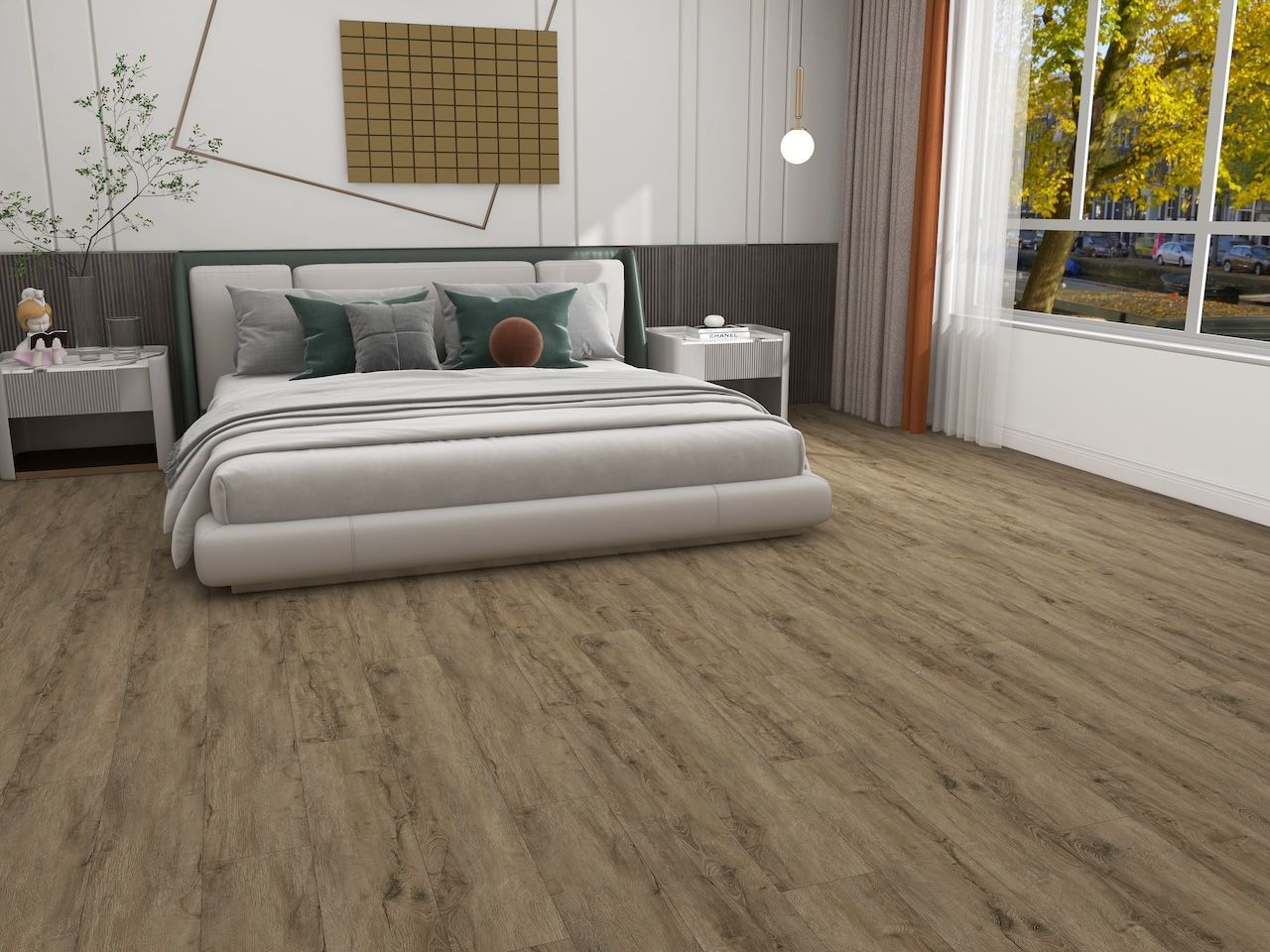 A bedroom with a bed , nightstands , and a large window.