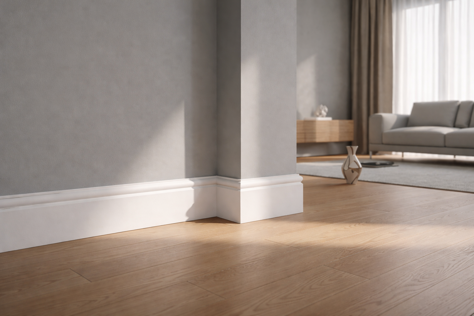 Wooden skirting boards installed on laminate floor with tools in a modern Pretoria home