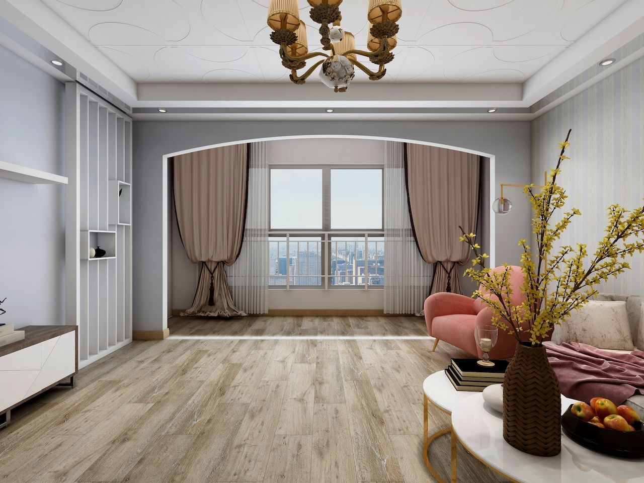 A living room with hardwood floors , a couch , a table and a chandelier.