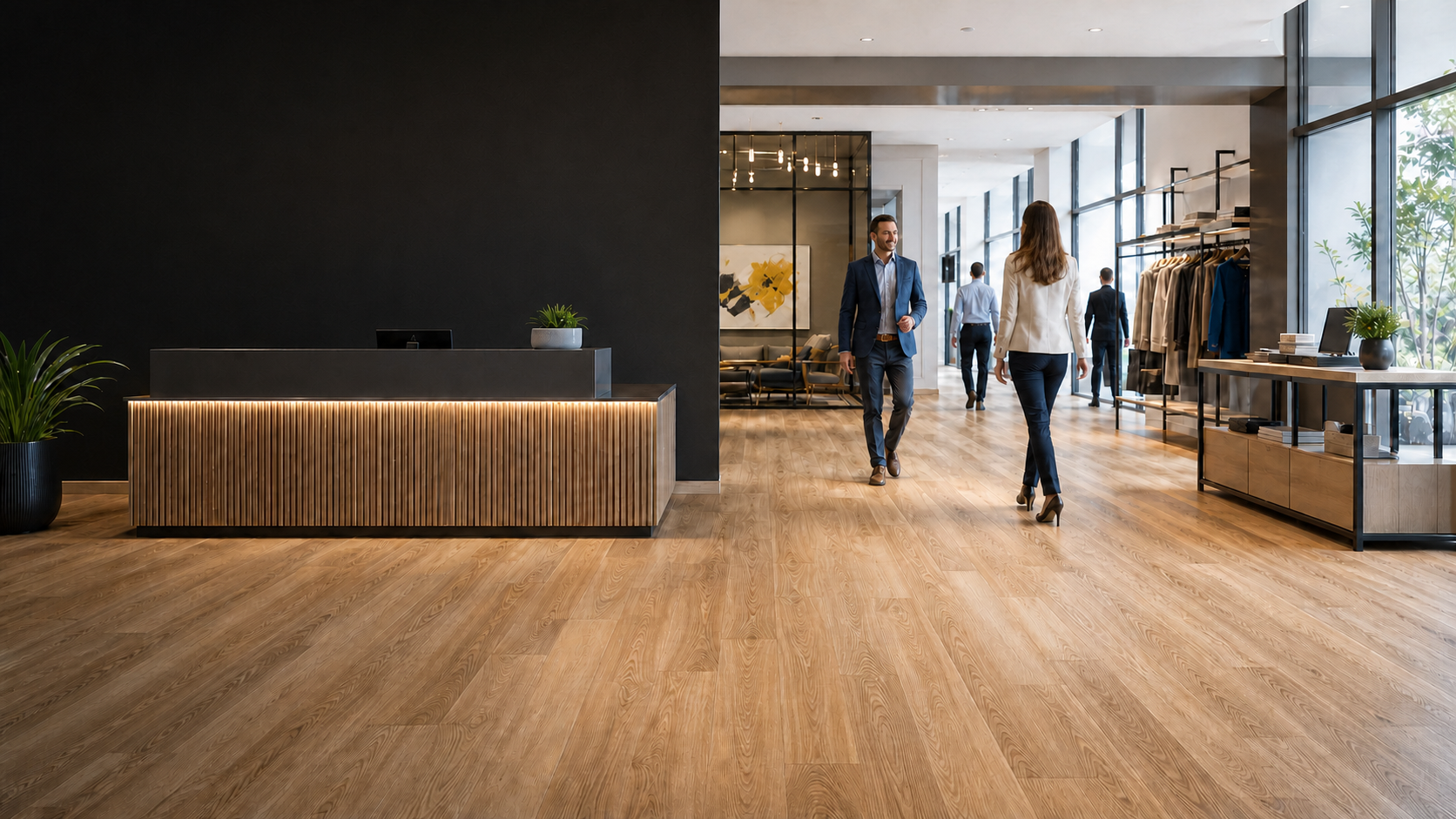 Commercial laminate flooring in a bright office showroom by Visto Mouldings
