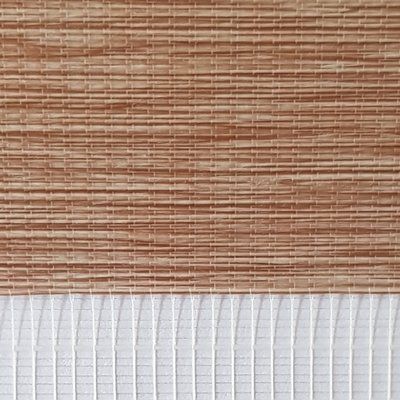 A close up of a bamboo blind with a white stripe on the bottom.
