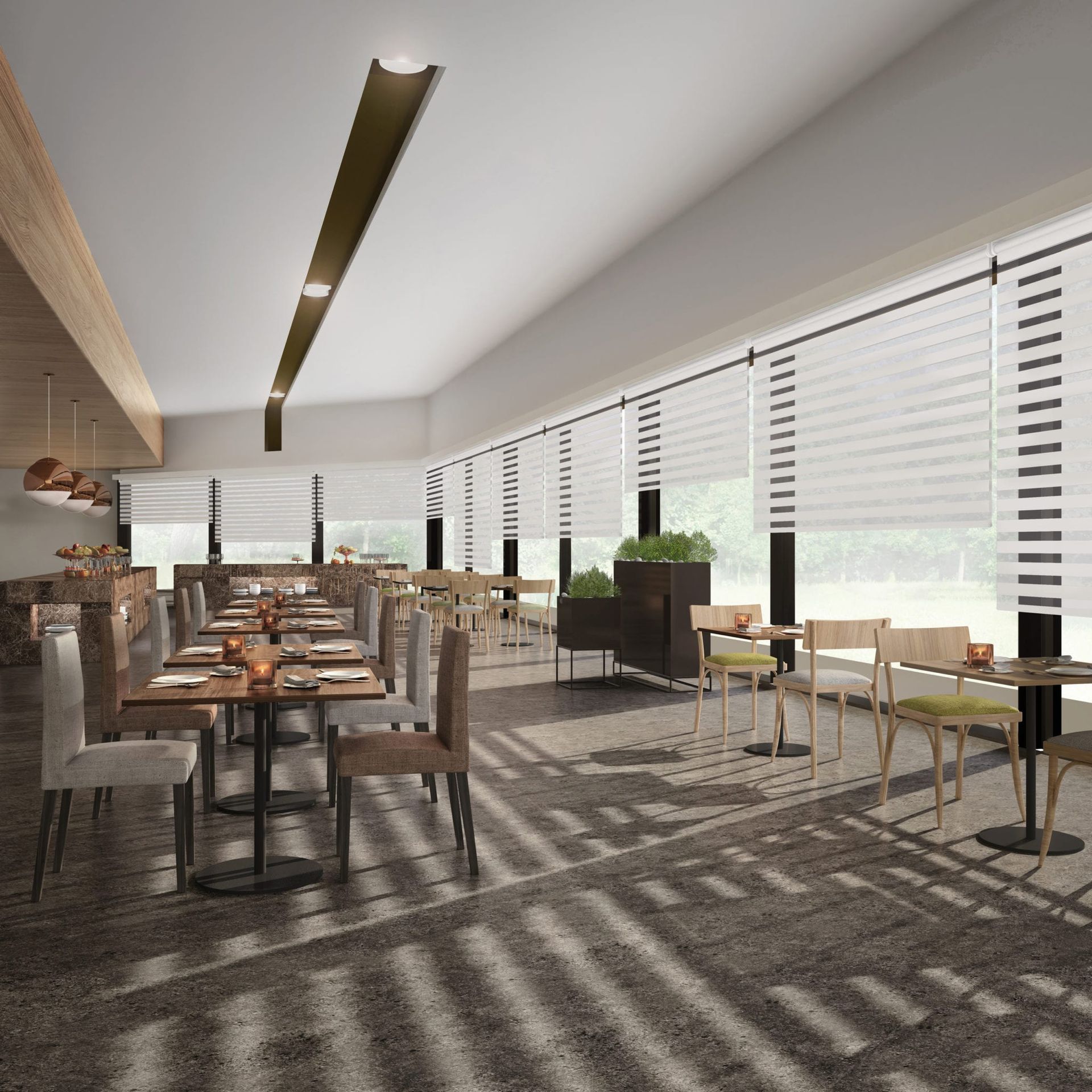 An artist 's impression of a restaurant with tables and chairs