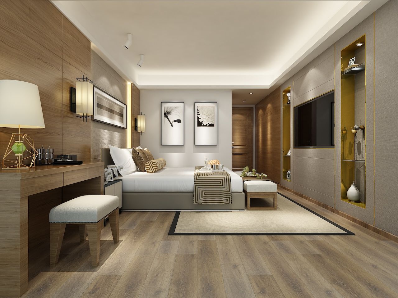 A bedroom with a large bed and a flat screen tv