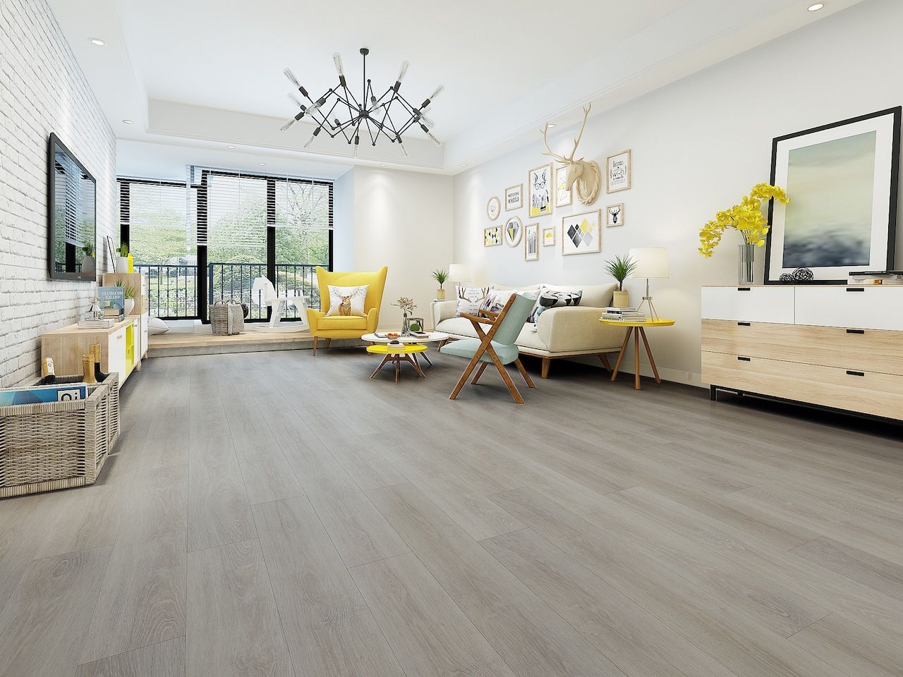 A living room with hardwood floors , a couch , chairs , and a television.