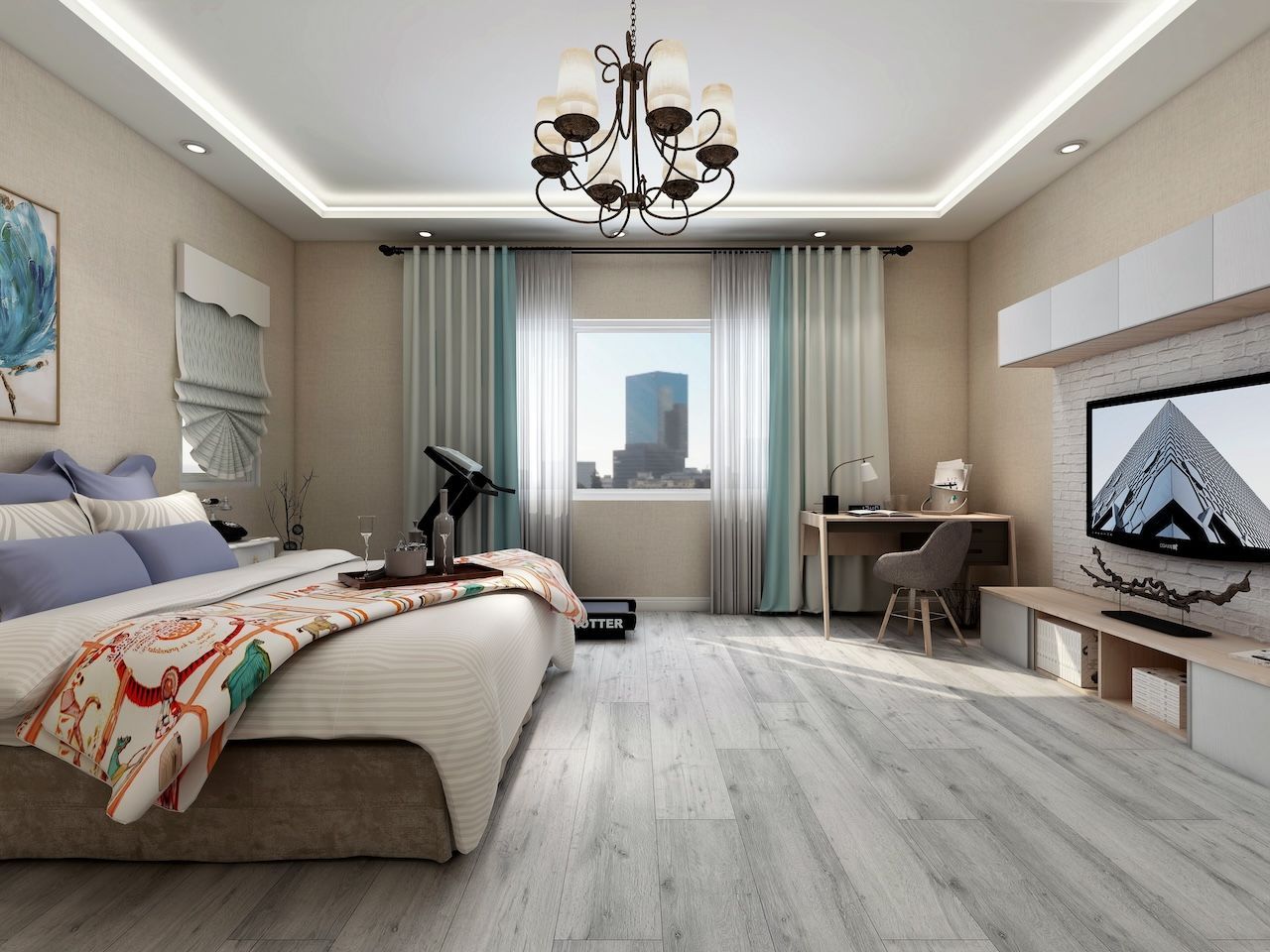 A bedroom with a bed , desk , television and a chandelier.