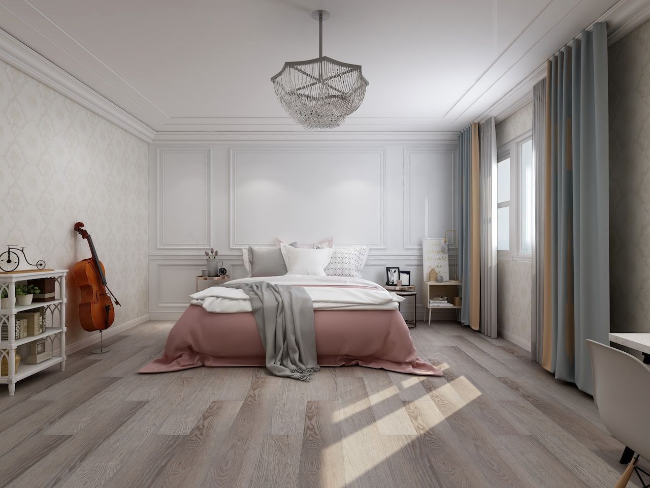 A bedroom with a bed and a violin hanging on the wall.