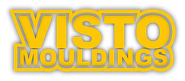 A yellow logo for visto mouldings on a white background.