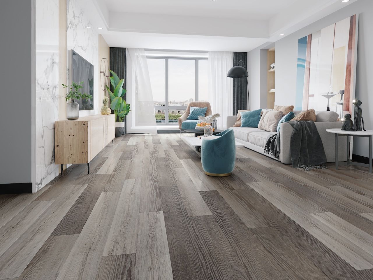 A living room with hardwood floors , a couch , chairs , and a television.