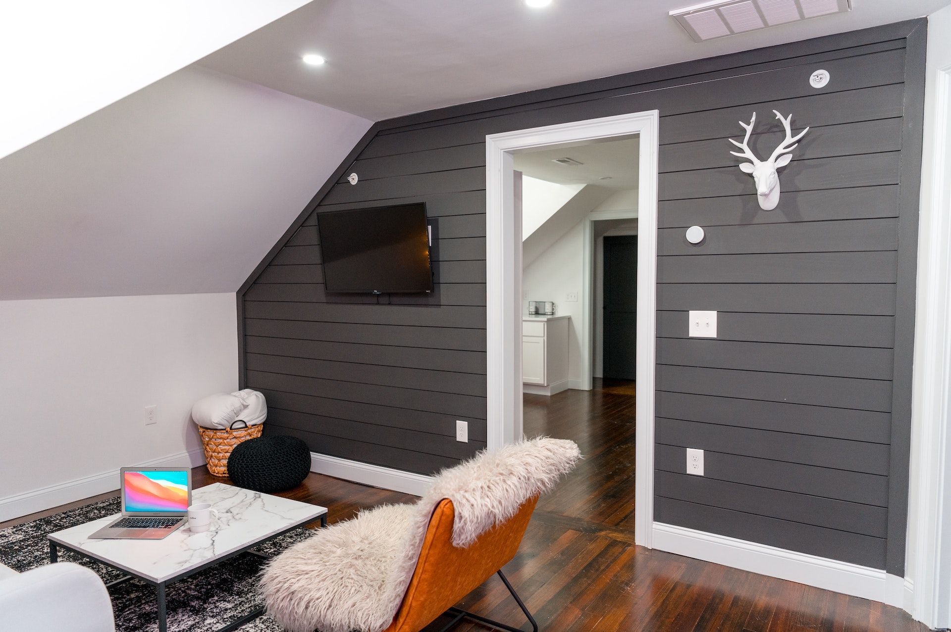 A living room with a deer head on the wall.