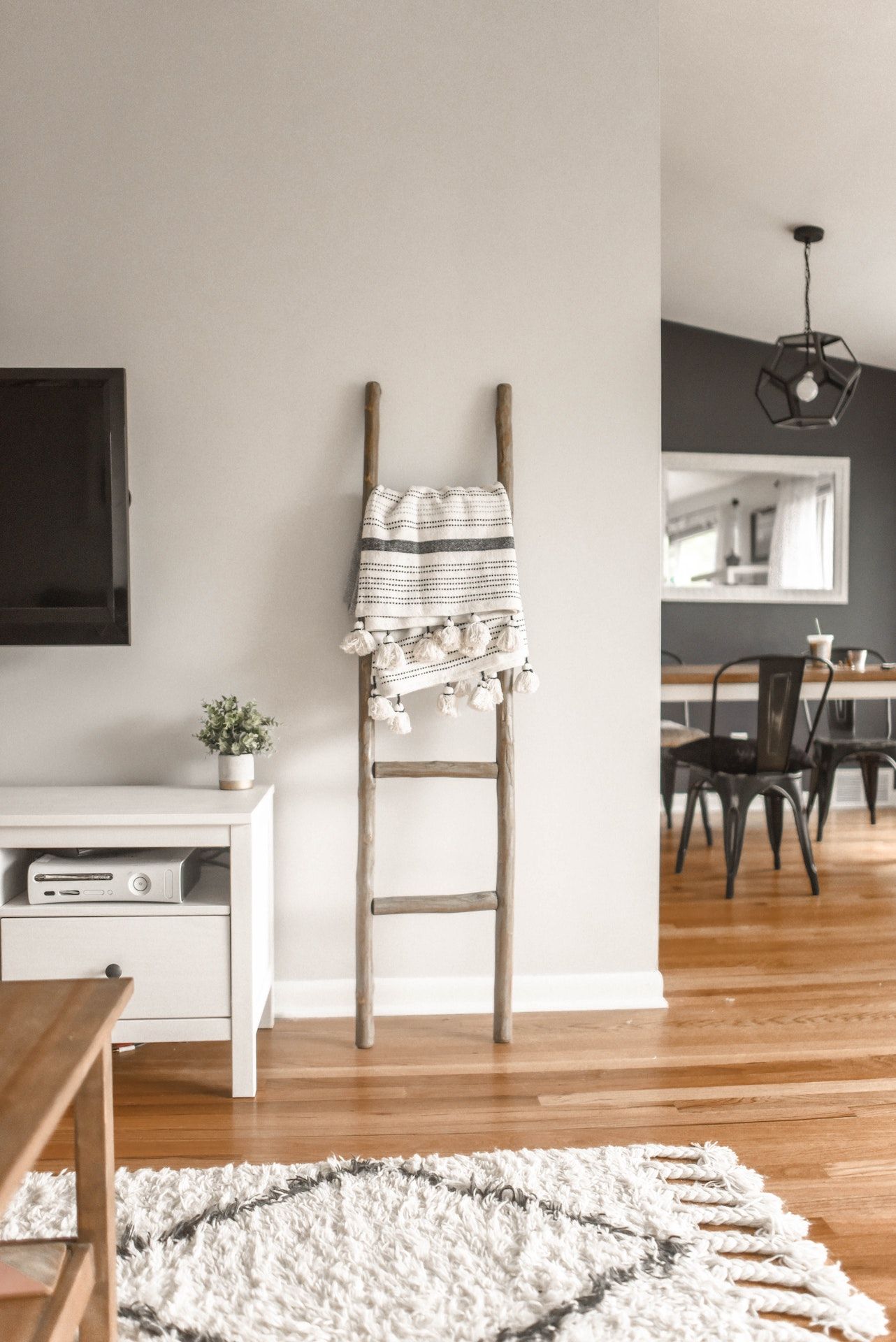 A living room with a ladder hanging on the wall and a rug.