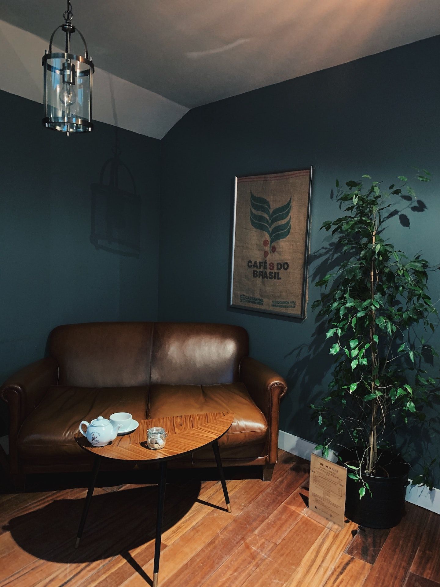 A living room with a couch , table , and plant.