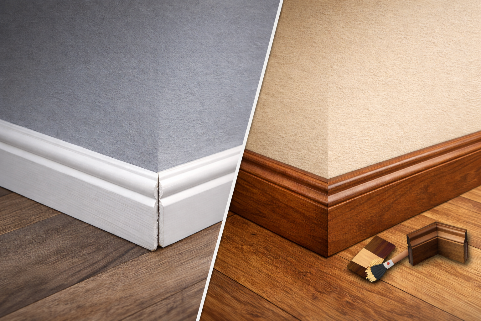 Comparison of PVC skirting and wooden skirting showing visible joints on PVC and a seamless natural 
