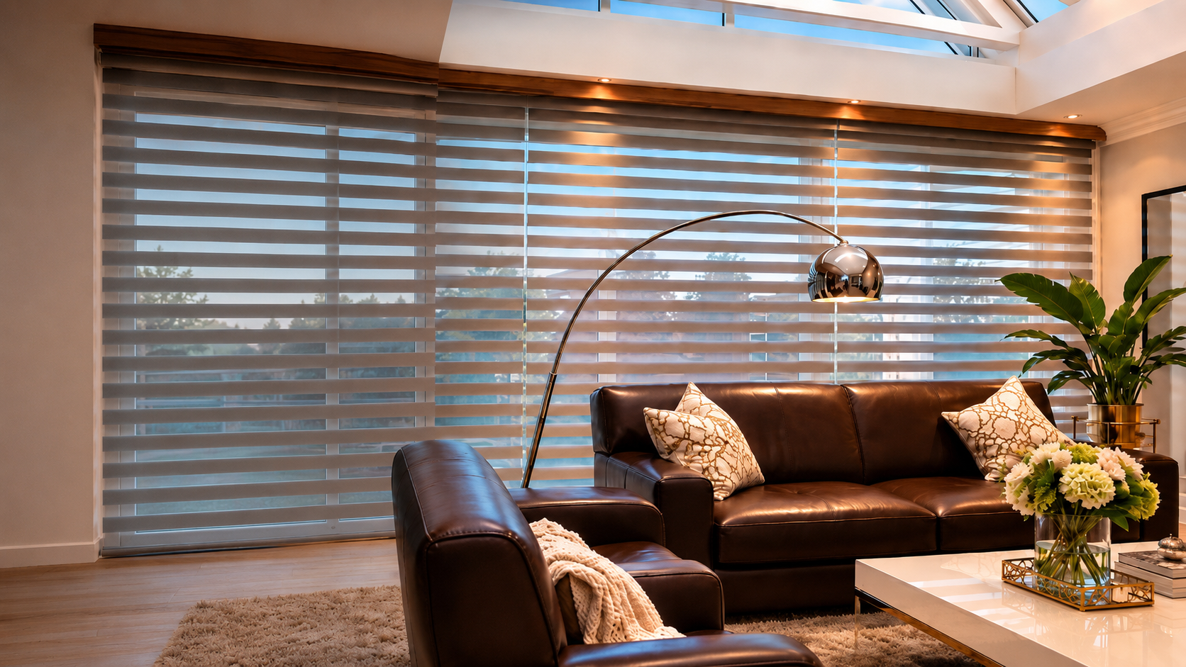 Modern living room with stylish blinds, leather sofa, and natural light