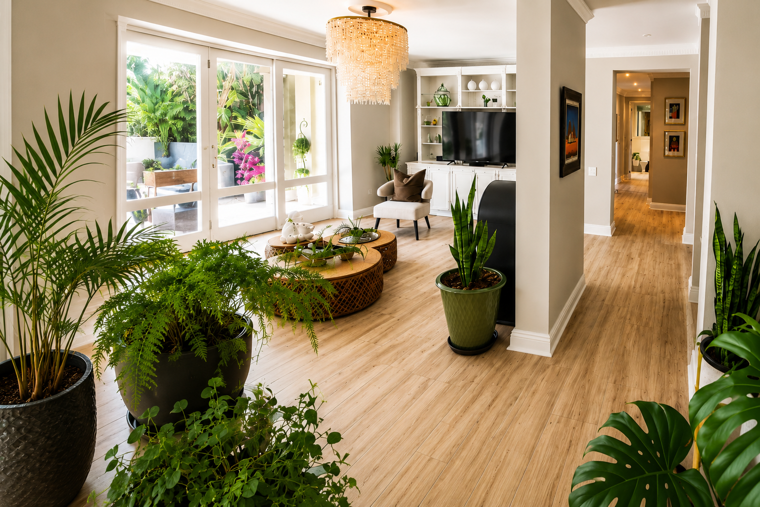 Modern living room with light wood laminate flooring, plants, and elegant interior design.