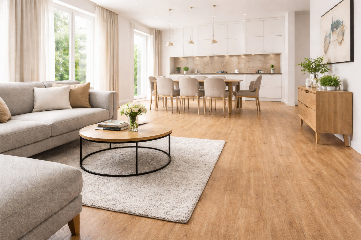 Modern living room with oak laminate flooring showing easy laminate floor maintenance tips for busy