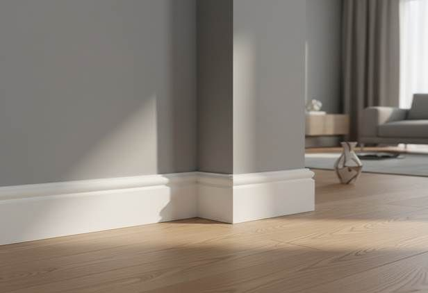 Wooden skirting boards installed on laminate floor with tools in a modern Pretoria home