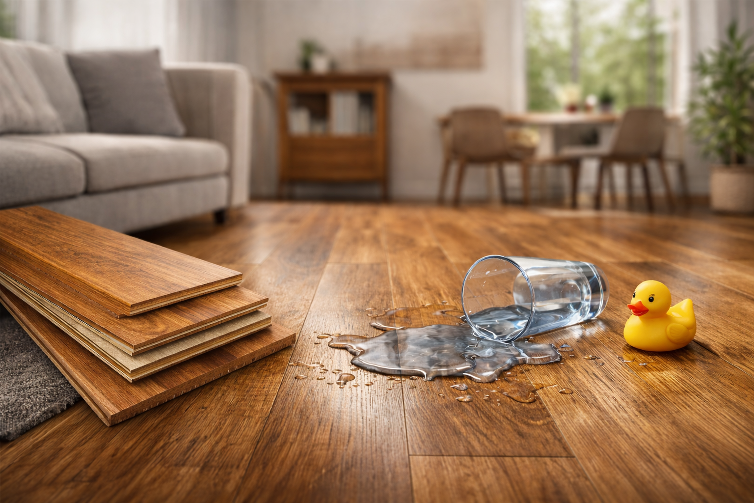 Water-resistant laminate wooden flooring in modern home