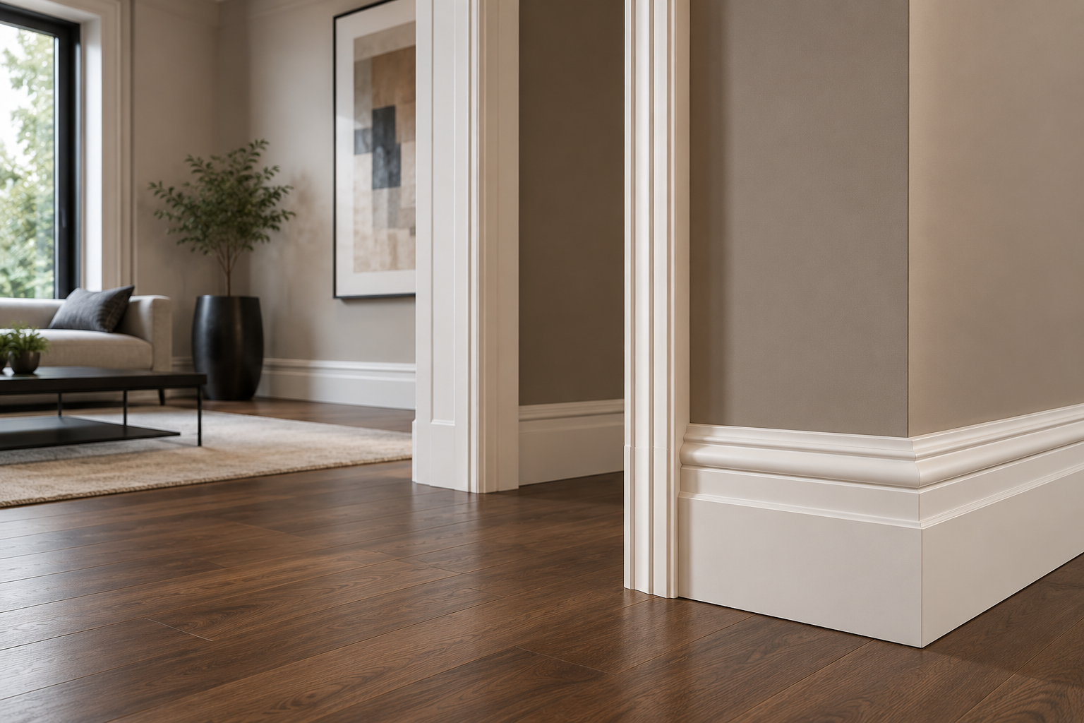 Coordinated wooden skirting and architraves creating a luxury interior in a modern Pretoria home.