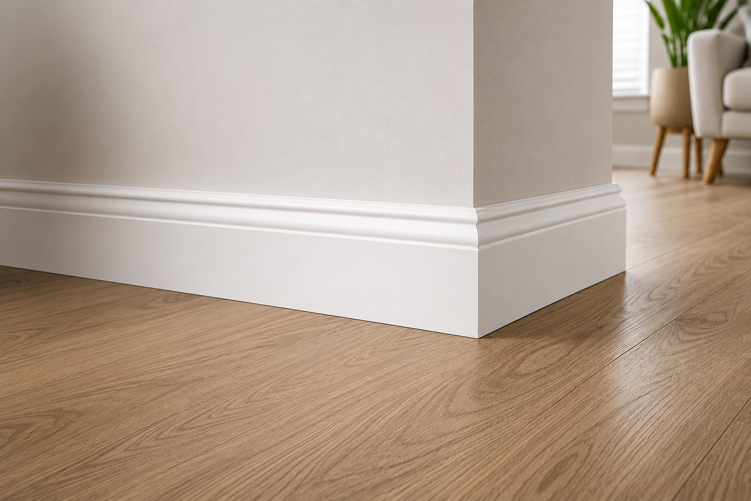 Modern white skirting board installed on laminate flooring in a contemporary home