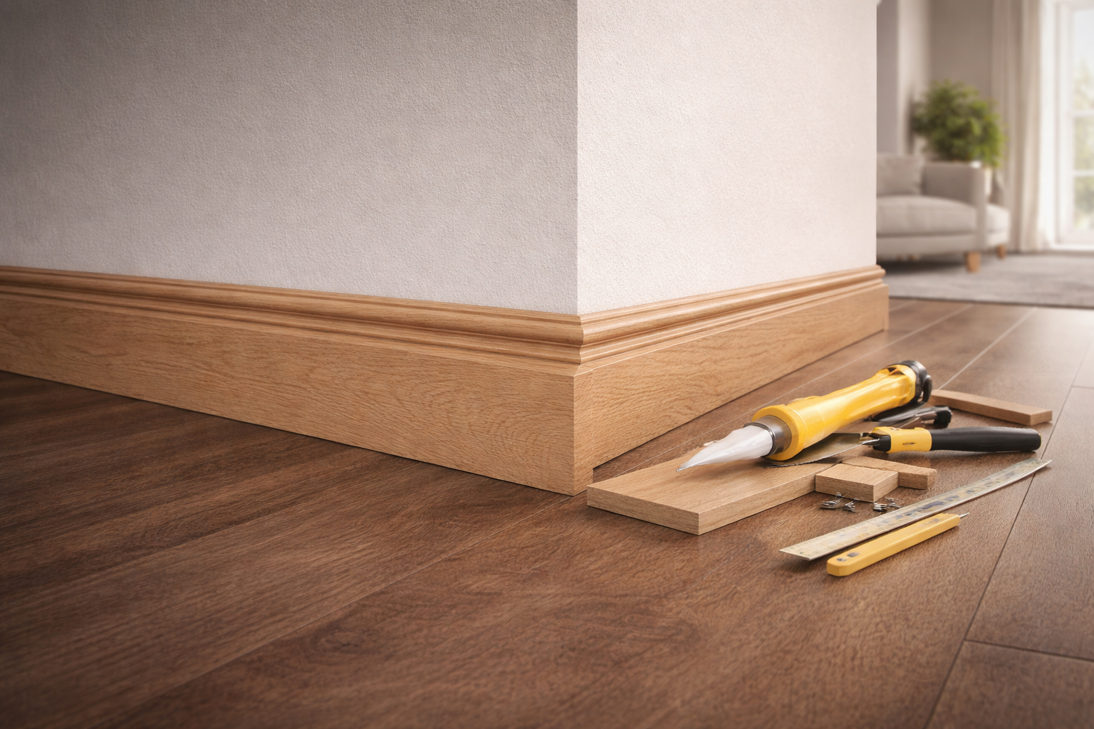 Wooden skirting boards installed on laminate floor with tools in a modern Pretoria home