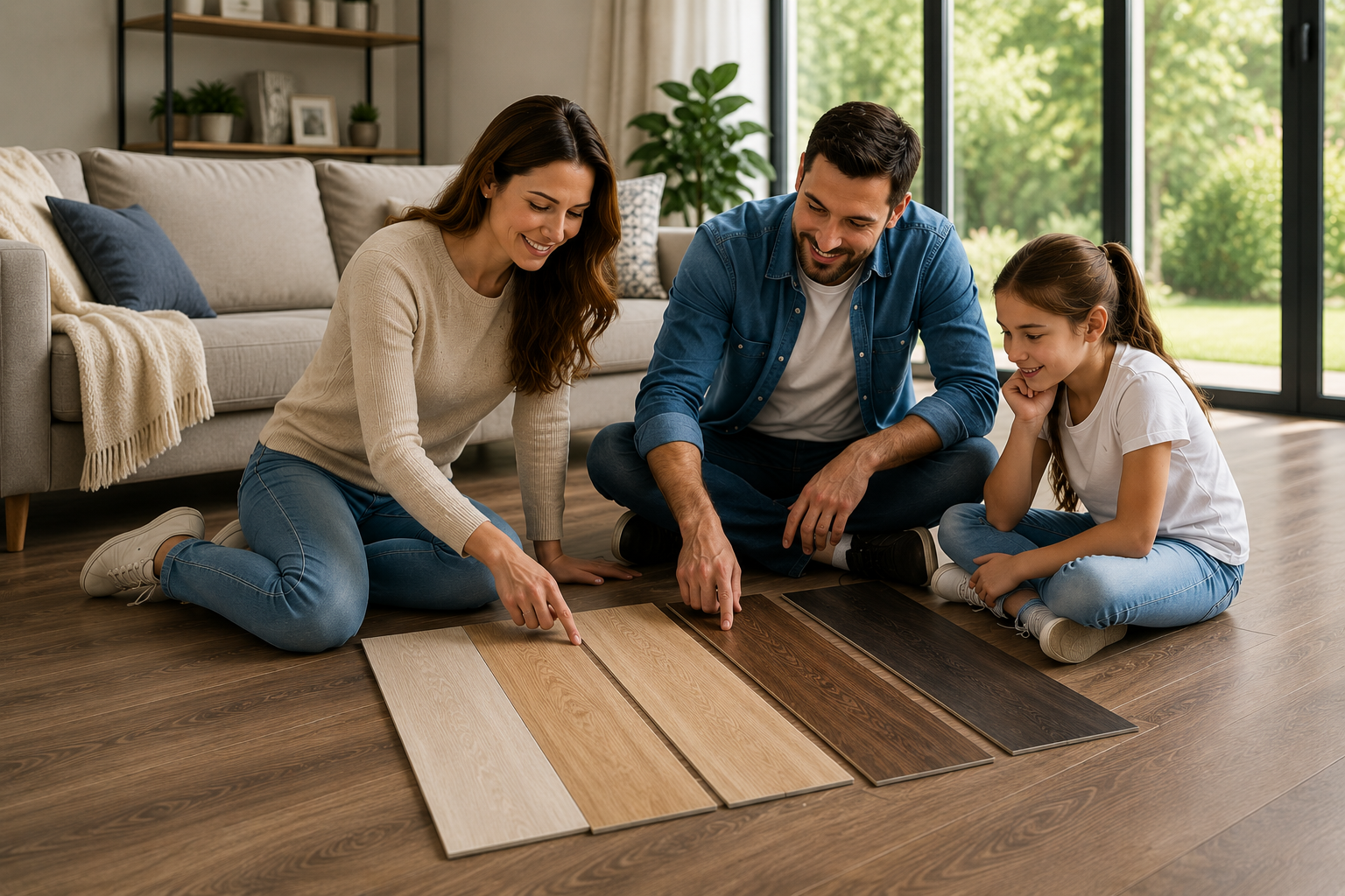 Family comparing light and dark laminate flooring samples in a modern living room.